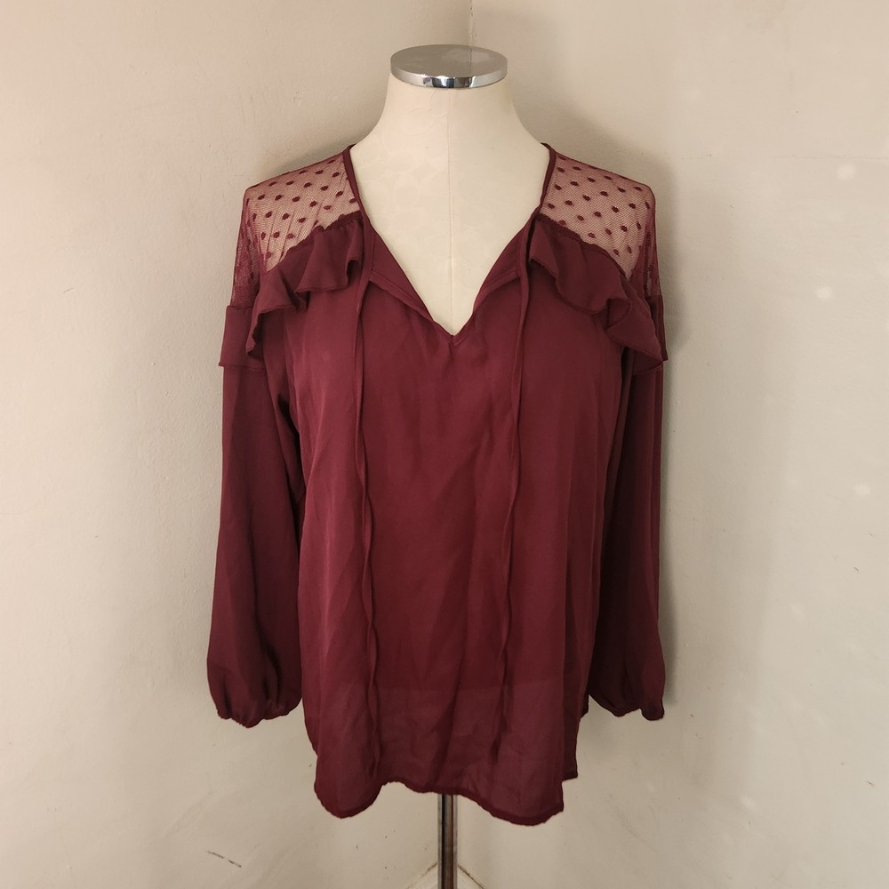 Luna Rae Burgundy Polka Dot Mesh Ruffle V Neck Tie Long Sleeve‎ Blouse XL